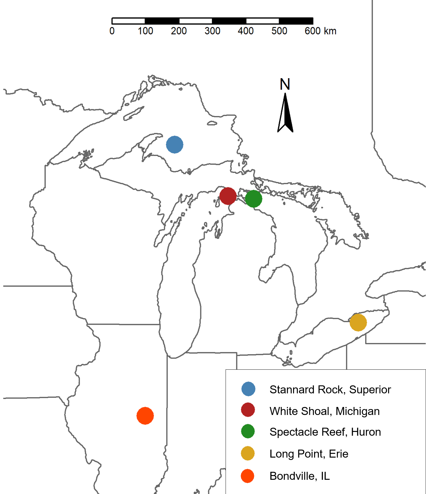 A map of the Great Lakes region, with the locations of the four Great Lakes Evaporation Network monitoring stations on each of the lakes, as well as the Bondeville station in Illinois.